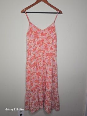 Melloday Floral Pink & Coral Spaghetti Strap Maxi Dress Size M